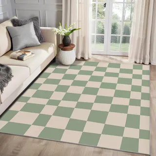MMYAOKEN Schachbrett Teppich Wohnzimmer 60x90 Grün Weiß Schachbrettmuster Deko, Kleiner Teppich Kurzflor, Weich rutschfest Waschbare Teppiche, Fußmatte Bettvorleger Schlafzimmer Kinderzimmer