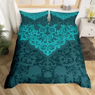 Homewish Vintage Damast Bettbezug Set Gothic 135x200 Bettwäsche Sets,Viktorianische Tröster Abdeckung Türkis Barock Blumen Gothic Bett Set Antike Floral Böhmische Dekor,Blau