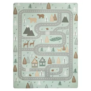 TT Home Teppich Kinderzimmer Kinderteppich Babymatte Straßen Motiv Tiere Wald Haus Junge Größe 155x230 cm - Türkis