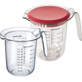 Westmark Set 2tlg., Messkannen 0,5 l und 1 l, mit Deckel, mehrsprachige Messskalen, Kunststoff, Transparent/Rot, 306622E6