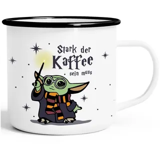 MoonWorks Tasse Emaille-Tasse Baby-Yoda Spruch lustig Stark der Kaffee sein muss, Metall, emailliert und mit Aufdruck schwarz|weiß
