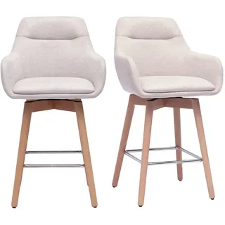 Skandinavische Barhocker 360° drehbar in Textur-Beige Samteffekt Stoff und helles Holz H65 cm (2er Set) ALESS