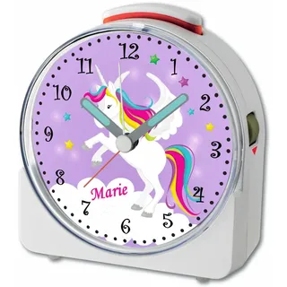 CreaDesign, WU-71-1034-05, Einhorn Lila, analog Kinderwecker weiß, Funkwecker mit Sweep-Uhrwerk und fluoreszierenden Zeiger und Licht, personlisiert mit Namen, 10,2 x 4,6 x 11 cm