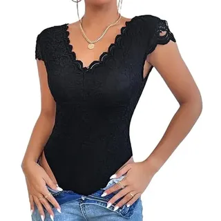 Haibang Body Damen Sexy Spitze V-Ausschnitt Kurzarm Bodysuit Elegant Stickerei Spitzenbody Floral Lace Rückenfrei Oberteil Slim Fit Jumpsuit Overall Sommer Damenbody Spitzenbluse Party Club Shirts - L