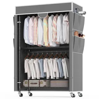 Himimi Kleiderständer mit Abdeckung Schwerlast Kleiderständer auf Rollen und Ablage Höhenverstellbar Stabil Metall Kleiderstange mit 2 Kleiderstangen und 4 Seitentaschen 90 * 45 * 205cm Grau