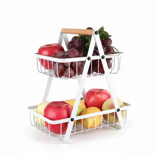 Relaxdays Obst Etagere, 2-stöckig, Metall, Holzgriff, HxBxT: 34 x 26 x 17 cm, Obst & Gemüse, eckige Obstschale, weiß