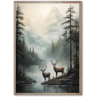Vintage Hirsch Wandkunst Nebelbild Wald Tier Leinwand Bergsee Druck Wildlife Kunstwerk Berg Poster Waldlandschaft Bild 40,6 x 61 cm ohne Rahmen