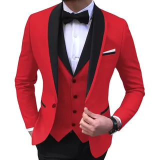 Herren 3 Teiliger, Stilvoller Anzug mit Schmaler Passform Schal Revers Ein Knopf Abschlussball Blazer Sets Casual Party Hochzeit Jacke Weste Hosen Set (Rot,XL)