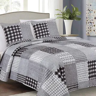 Euromat Tagesdecke Steppdecke Bettüberwurf Gesteppte Tagesdecke mit 2 Kissenbezüge 40x40 cm- (Schwarz Grau Weiß- 017 Black, 180x220 cm)