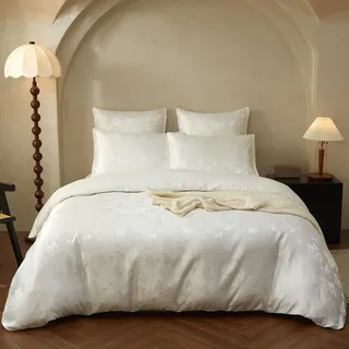 YASMENG Satin Bettwäsche 135x200 Weiß Creme Schmetterling Jacquard | Satin Bettwäsche Glänzend Glatt Deluxe Weich Seidig Seide Bettbezug Set 2teilig mit Reißverschluss und 80x80 cm Kissenbezug