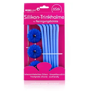 Kochblume Silikon-Trinkhalme 6-tlg. mit Reinigungsbürste | Premium-Silikon | Hitzebeständig | Spülmaschinenfest | Inklusive Reinigungsbürste | Farbe: blau