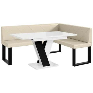MEBLINI Eckbank für Esszimmer mit ausziehbarem Tisch - Küchenbank - Essecke - Sitzecke Küche - ERIC - U-Beine 128x168x87cm Rechts - Creme Kunstleder/M Weiß-Schwarz Hochgl.