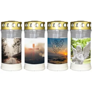 INNA-Glas Grabkerze Grablicht SAVINA mit Motiv, Deckel, 4 Stück, weiß, 17cm, Ø7,7cm, 96h weiß
