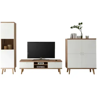 furn.design Wohnwand weiß Eiche Riviera, Schrankwand skandinavisch 3-teilig 337 x 197 cm,