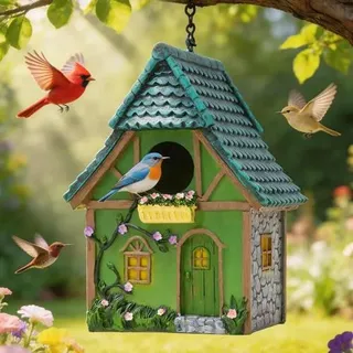 Vogelhaus Kunstharz wetterfest mit Kette bunt für Außenbereich