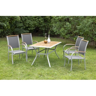 MERXX Garten-Essgruppe Siena, (Set, Tisch, 4 Stapelsessel, Aluminium mit Textilbespannung und Akazienholz), 1 Tisch mit platzsparenden Stapelsesseln grau