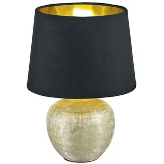 Reality Leuchten LED Nachttischlampe, Dimmfunktion, LED wechselbar, Warmweiß, Designer Fensterlampe Fensterbank Lampenschirm Stoff Schwarz Gold 35cm goldfarben|schwarz Ø 24 cm | Rund | Ø 16 cm x 35 cm