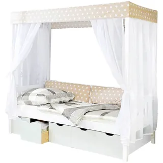 TICAA Himmelbett Lino 90 x 200 cm Kiefer weiß inkl. 5 Schubkästen stern-beige