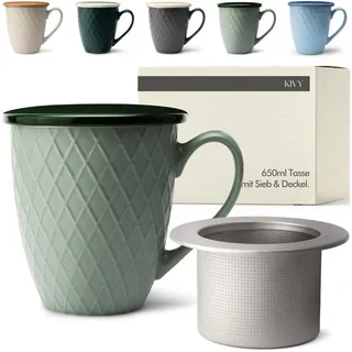 KIVY Tasse, Große Teetasse mit Deckel und Sieb [650ml] XXL, Keramik Porzellan, Tee Tasse mit Deckel