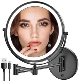 Rocollos Wiederaufladbarer beleuchteter Make-up-Spiegel, Kosmetikspiegel mit 3 Farblichtern, dimmbarer Touchscreen, 20.3 cm (8 Zoll) LED, Rasierspiegel, 33 cm (13 Zoll) ausziehbar (schwarz)