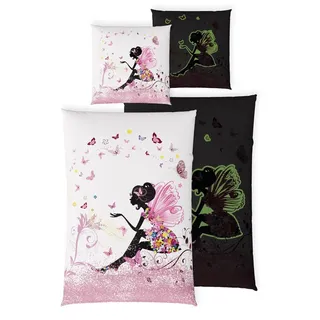 Carpe Sonno Kinderbettwäsche 135 x 200 Mädchen Leuchtende Bettwäsche Kinder Rosa Fee Schmetterlinge, Renforcé, 2 teilig, GLOW IN THE DARK Bettbezug 135x200 - OEKO-TEX, 100% Baumwolle rosa|weiß
