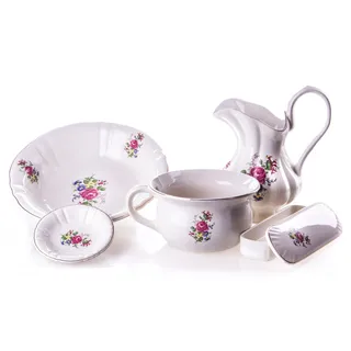 Altes Waschset aus Keramik mit rosa Blumenmuster Vintage Krug, Waschschüssel, Nachttopf, Seifenschale, und Kammschale