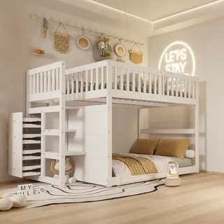 Merax Etagenbett 140 x 200 cm, Sicherheits-Etagenbett mit Staufach und hohem Zaun-Design, Holzbett in Weiß - Ohne Matratze