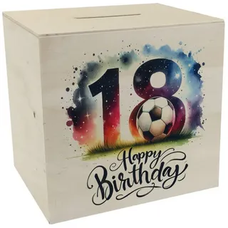 speecheese Spardose 18. Geburtstag Fußball Spardose aus Holz mit Spruch Happy Birthday 18