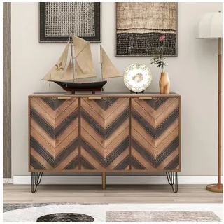 BBWL Sideboard Sideboard mit 3 Türen, goldenen Griffen, Massivholzfurnier (mit konkaver/konvexer Struktur, Eisenfüße, viel Stauraum, 120x38x76,5 cm, Holzoptik/Schwarz, modern & elegant, pflegeleicht, für Wohnzimmer, Esszimmer oder Büro)