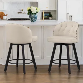 Barhocker 2er Set Mit Lehne, 360° Drehbar, 65 Cm Sitzhöhe, Leinenoptik