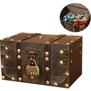 Nizirioo Vintage Holz Schatztruhe mit Zahlenschloss: Vintage Schatztruhe Klein Piratenschatztruhe, Schmuckkästchen mit Deckel Schatztruhe Kindergeburtstag, Spardose mit Schloss, Geschenk(Grau)