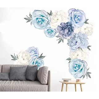 COVPAW® Wandtattoo Wandaufkleber XXL Pfingstrose Blumen Ranke Rosen Blau Wandsticker Wandbild Bilder Wohnzimmer Schlafzimmer Deco