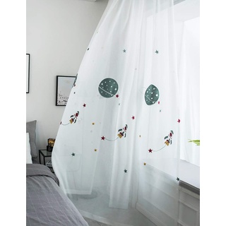 Lactraum Vorhang Kinderzimmer Junge Transparent Weiß mit Ösen Bestickt Planet Sterne Raumschiff Voile 200 x 245cm