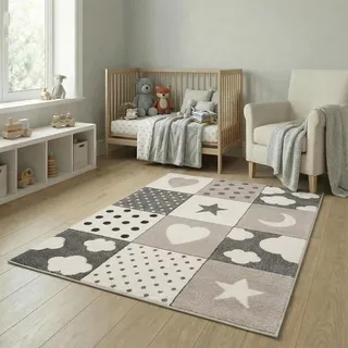 Jimri Kinderteppiche Patchwork Herz Sterne Wolke | Kinderteppich für Mädchen und Jungs | Teppich für Kinderzimmer | Schadstofffrei Kinderzimmerteppich - Grau, 120x170 cm