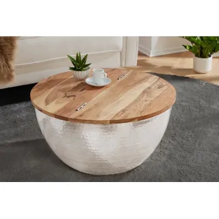 riess-ambiente Couchtisch ORIENT STORAGE Ø60cm natur / silber (Einzelartikel, 1-St), Wohnzimmer · rund · Massivholz · Metall · mit Stauraum · Hammerschlag silberfarben