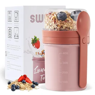 Swkien Müslibecher to go, Joghurtbecher to go 450ml+250ml, Auslaufsicherer Müsli Becher für Müsli & Joghurt, Joghurt Becher mit Löffel, Lunchpot für Büro, Fitness, Schule, Reise(Vivid Mauve)