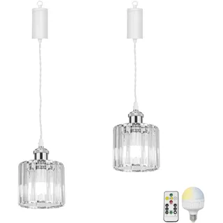 FSLiving Dimmbare Hängelampe mit Batterie Innen,2er-Pack Silberne Kristall Hängeleuchte Batteriebetriebene Lampe, Pendelleuchte ohne Strom Stromanschluss für Küche Nachttischcafé,TB1265