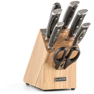 Klarstein Katana 8 - Messerblock, Profi Messer-Set, Edelstahl, 8-teilig, Kochmesser, Brotmesser, Fleischmesser, Allzweckmesser, Schälmesser, Wetzstahl, Schere, Massivholzblock, braun