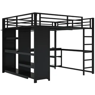 MODFU Hochbett Metall Schwarz 160x200 cm mit Schreibtisch, LED, offenem Kleiderschrank und Ablagefächern