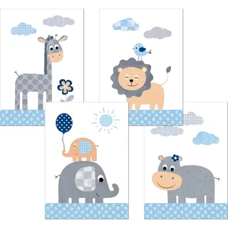 LALELU-Prints | A4 Bilder Kinderzimmer Deko Mädchen Junge | Zauberhafte Dschungel-Tiere blau | Poster Babyzimmer | 4er Set Kinderbilder (DIN A4 ohne Rahmen)
