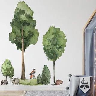 Große Bäume Wandtattoo Wald Wandaufkleber Tiere XXL Wandtattoo Laubbäume Aufkleber fürs Kinderzimmer