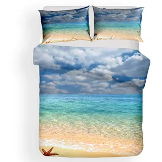 3D Ozean Landschaft Bettbezug und Kissenbezug Sommer- Strand Blauer Himmel Weiße Wolken Mikrofaser Bettwäsche-Set für Kinder Junge Mädchen Jugendliche Schlafzimmer Dekoration (Stil 5,135x200 cm)