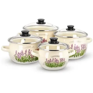 Kuketo | Emaille Kochtopf Set 8-teilig Creme Mit Lavendel-Dekor & Deckeln – Induktionsgeeignet, Robust & Hygienisch – Für Suppen, Pasta & Fami... - Beige
