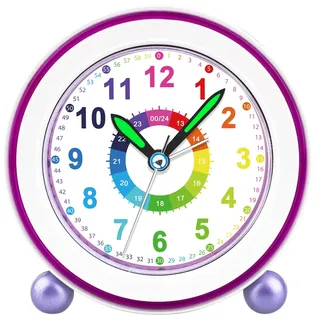 DTKID Wecker Kinder, Kinderwecker Ohne Ticken mit Snooze und Nachtlicht, Analoger Wecker für Jungen und Mädchen, Lernwecker Kinder, Batteriebetrieben (Lila)