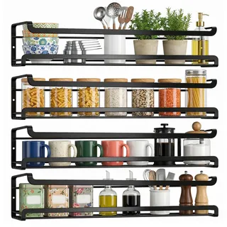 Woobroo 4er Set Gewürzregal Wandmontage - Metall Gewürzhalter ohne Bohren | 2 Montagemöglichkeiten mit Klebepads oder Schrauben, robustes Flacheisen-Design, ideal für Küche, Bad & Schranktür, Schwarz