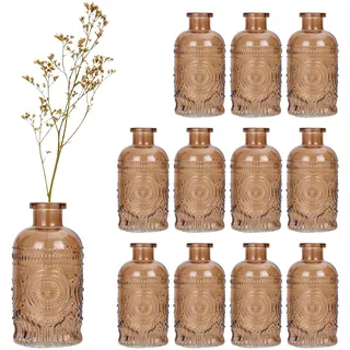 Relaxdays Glasvase, 12er Set, Deko-Vase, geprägtes Vintage-Design, HD: 13x6 cm, Mini-Vasen für Tischdeko, Glas, braun