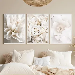 Sarah Duke 3er Set Premium Poster, Weiße Rose Blume Bilder, Ohne Rahmen Moderne Leinwandbilder, Boho Wandbilder Wanddeko für Wohnzimmer Schlafzimmer (A,50x70cm)