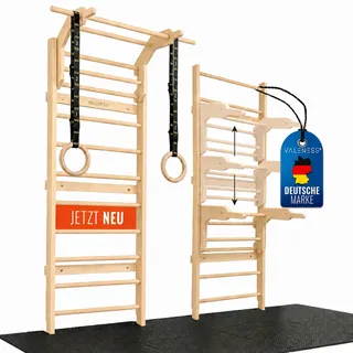 VALENESS® NEU Sprossenwand aus Holz mit Klimmzugstange, Dip-Station & 2 Turnringen – höhenverstellbar, für Erwachsene & Kinder – Kletterwand Indoor fürs Kinderzimmer & Home Gym, bis 150 kg
