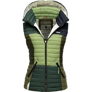 Navahoo Damen Steppweste leicht mit Abnehmbarer Kapuze Colourblocking-Stil Shadaa Multikulti Multicolour Green Forest Gr. S - S