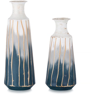 Sziqiqi Gross Metall Vasen - Blau Weiß Ocean Style Vase Set von 2 Modernen Hohe Blumenvase für Tisch Wohnzimmer Große Zylinder Vasen für Pampasgras Trockenblumen Zweige Wicker